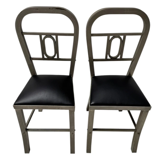 Two French Art Deco Side Chairs with Black Leather Seats, 1930s